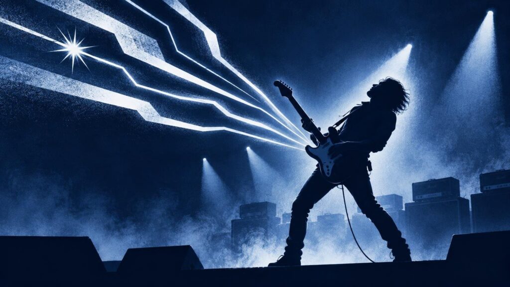 Blue duotone editorial illustration of a silhouetted electric guitarist performing on a smoky stage beneath spotlights and angular beams of light.