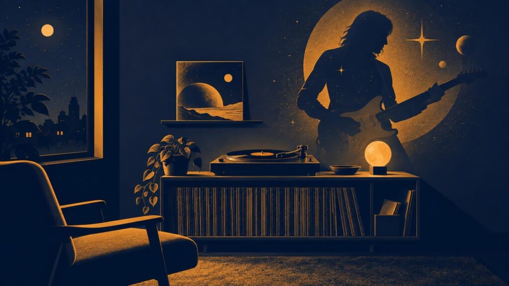 Duotone navy-and-amber illustration of a cozy record room with an armchair, turntable, shelves of vinyl, a plant, and a large cosmic mural silhouette of a guitarist.