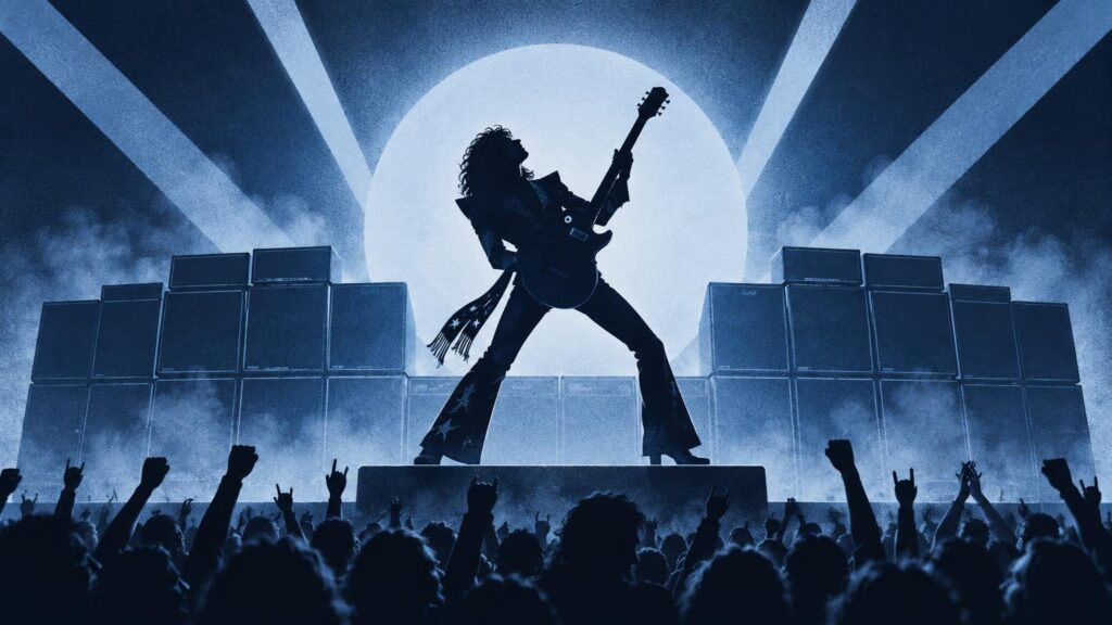 Blue-toned silhouette illustration of a costumed guitarist posing onstage before a bright circular spotlight, flanked by towering speaker stacks and an enthusiastic crowd with raised hands.