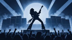 Blue-toned silhouette illustration of a costumed guitarist posing onstage before a bright circular spotlight, flanked by towering speaker stacks and an enthusiastic crowd with raised hands.