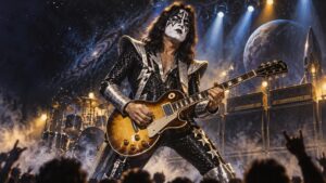 Dramatic concert-style illustration of a face-painted glam-rock guitarist in black-and-silver space-themed costume playing a sunburst single-cut electric guitar before amplifier stacks, drums, smoke, spotlights, a moon, and a cheering crowd.