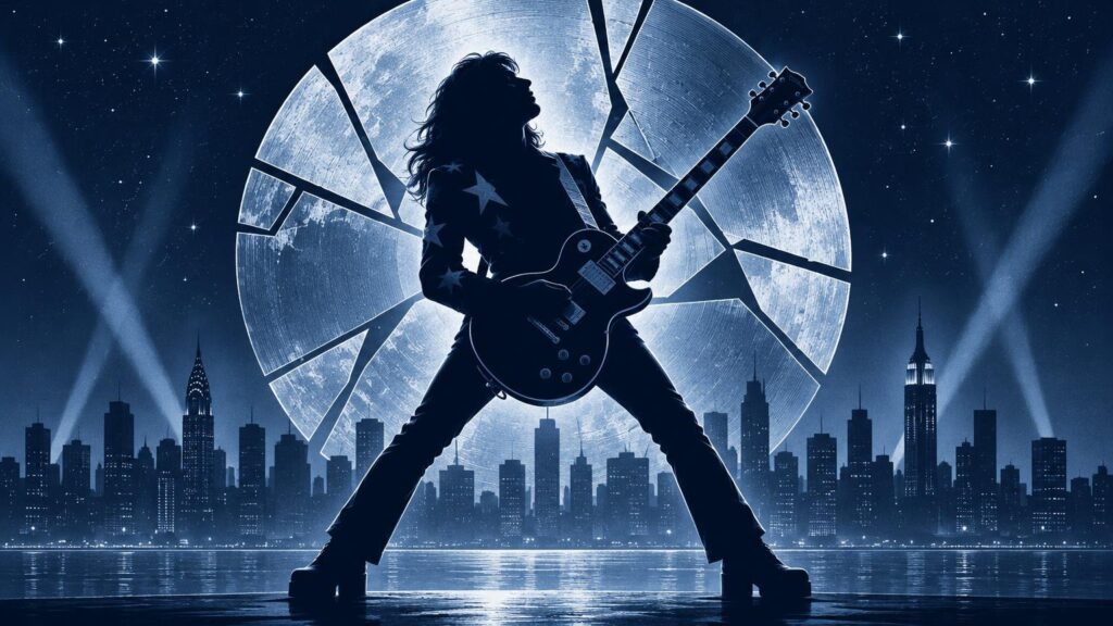 Blue-toned editorial illustration of a long-haired guitarist in silhouette playing an electric guitar before a shattered vinyl record, with spotlights, stars, water, and a New York–style skyline behind him.
