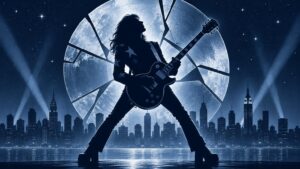 Blue-toned editorial illustration of a long-haired guitarist in silhouette playing an electric guitar before a shattered vinyl record, with spotlights, stars, water, and a New York–style skyline behind him.