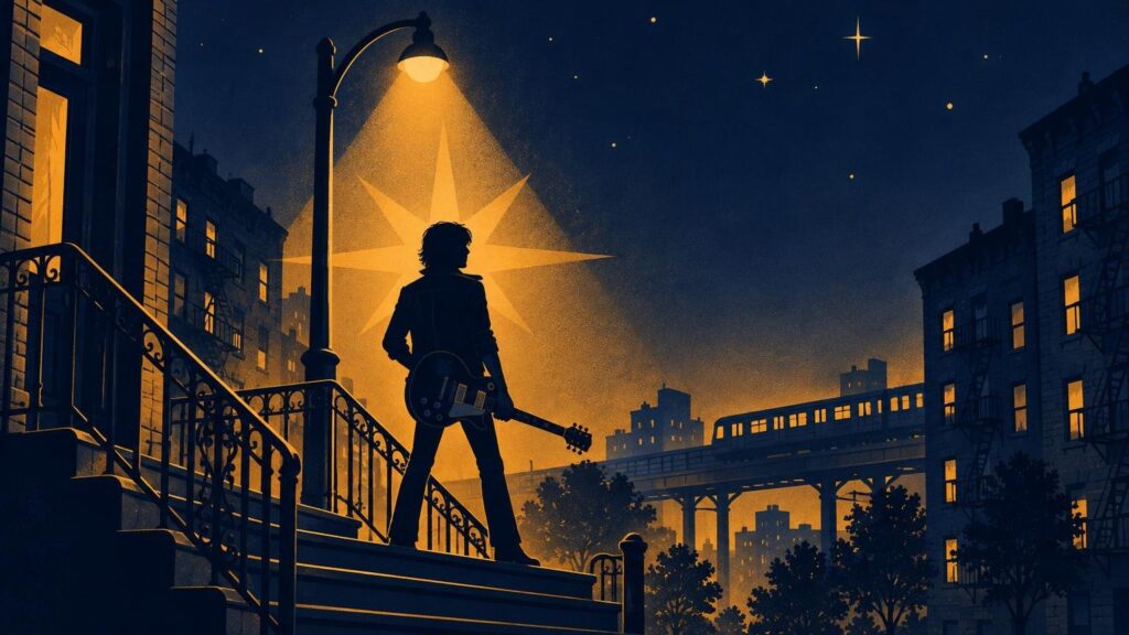 Navy and amber silhouette illustration of a young guitarist standing on Bronx-style stoop steps beneath a glowing streetlamp, with apartment buildings, an elevated train, and stars in the night sky behind him.