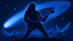 Blue duotone illustration of a long-haired electric guitarist in silhouette performing beneath a bright comet-like streak in a star-filled sky, with stage lights and dark rocky ground below.