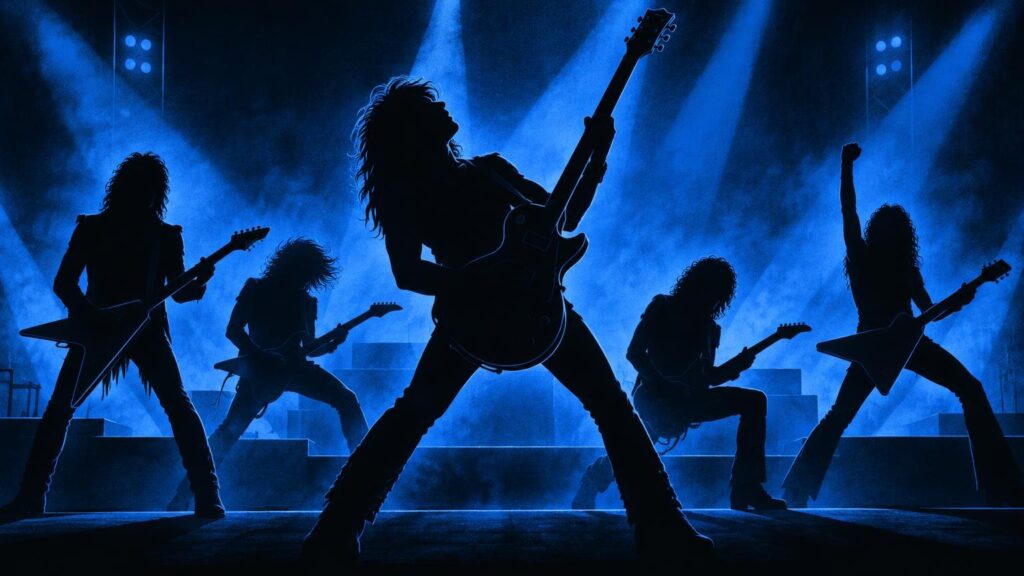 Five long-haired electric guitarists in black silhouette perform on a smoky stage under vivid blue spotlights, with a central guitarist posed prominently in the foreground.