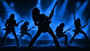 Five long-haired electric guitarists in black silhouette perform on a smoky stage under vivid blue spotlights, with a central guitarist posed prominently in the foreground.