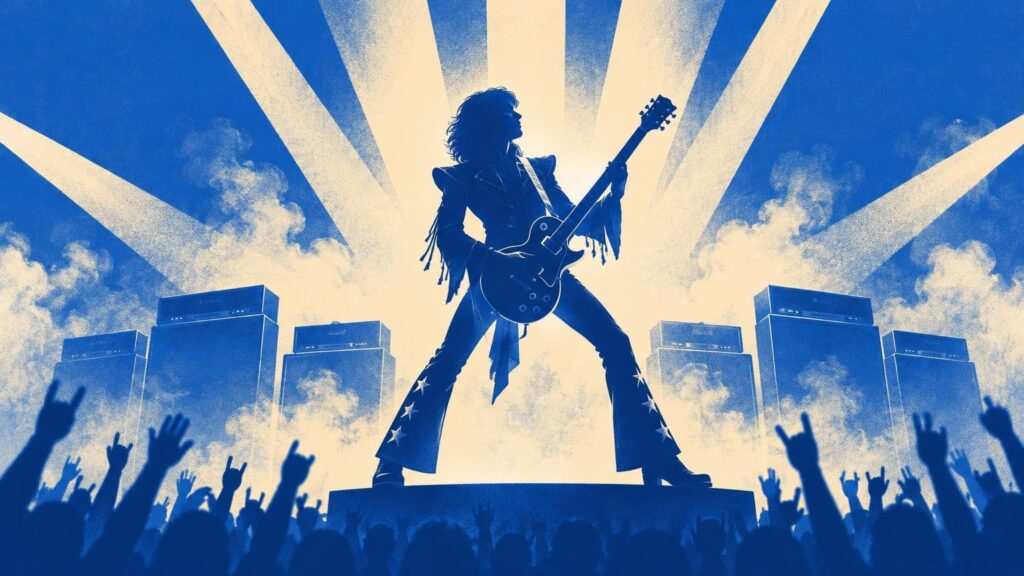 Blue-and-cream duotone illustration of a long-haired electric guitarist in a wide stage pose, framed by radiating spotlights, amplifier stacks, smoke, and a cheering crowd with raised hands.