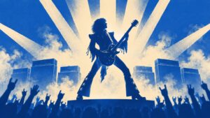 Blue-and-cream duotone illustration of a long-haired electric guitarist in a wide stage pose, framed by radiating spotlights, amplifier stacks, smoke, and a cheering crowd with raised hands.